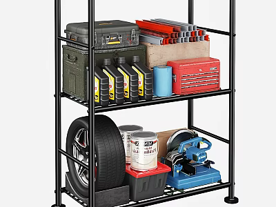 Black Metal Storage Shelf with Toolbox Oil Bottles Tire and Tools 3d model