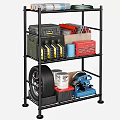Black Metal Storage Shelf with Toolbox Oil Bottles Tire and Tools