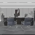 Modern Black Office Desk with Lamp Pen Holder Black Chair by Window City View and Plant