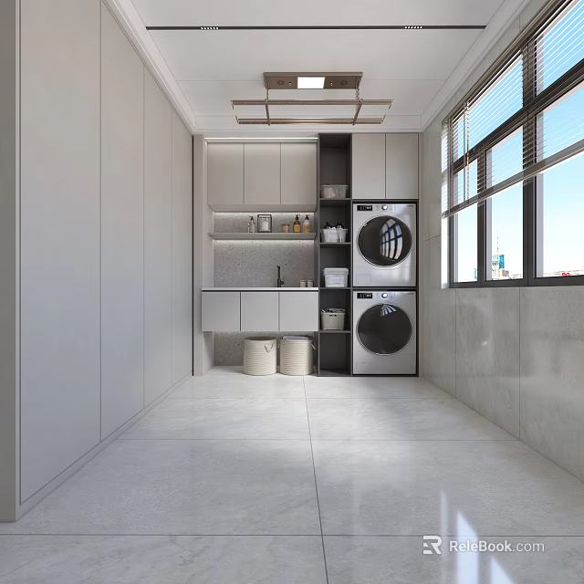 Modern Minimalist Laundry Room Interior With Washing Machine Dryer Cabinets And Sink 3d model 