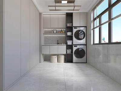 Modern Minimalist Laundry Room Interior With Washing Machine Dryer Cabinets And Sink 3d model