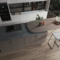 Modern Restaurant Kitchen With Open Concept Island Bar Stools Wooden Floors And Wine Cabinets