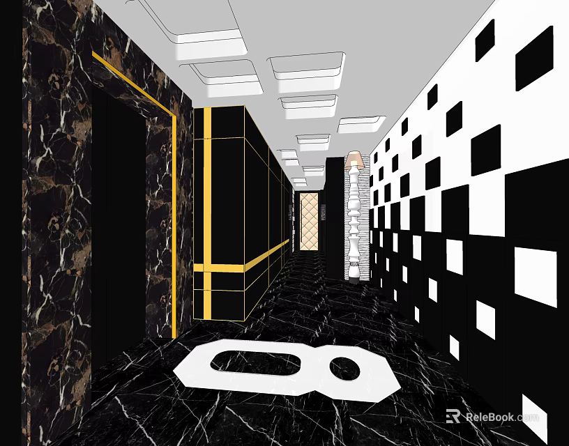 KTV Hallway Interior Design With Black White Checkered Walls And Marble Floor 3d model 