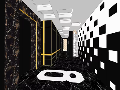 KTV Hallway Interior Design With Black White Checkered Walls And Marble Floor 3d model