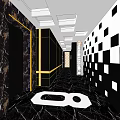 KTV Hallway Interior Design With Black White Checkered Walls And Marble Floor