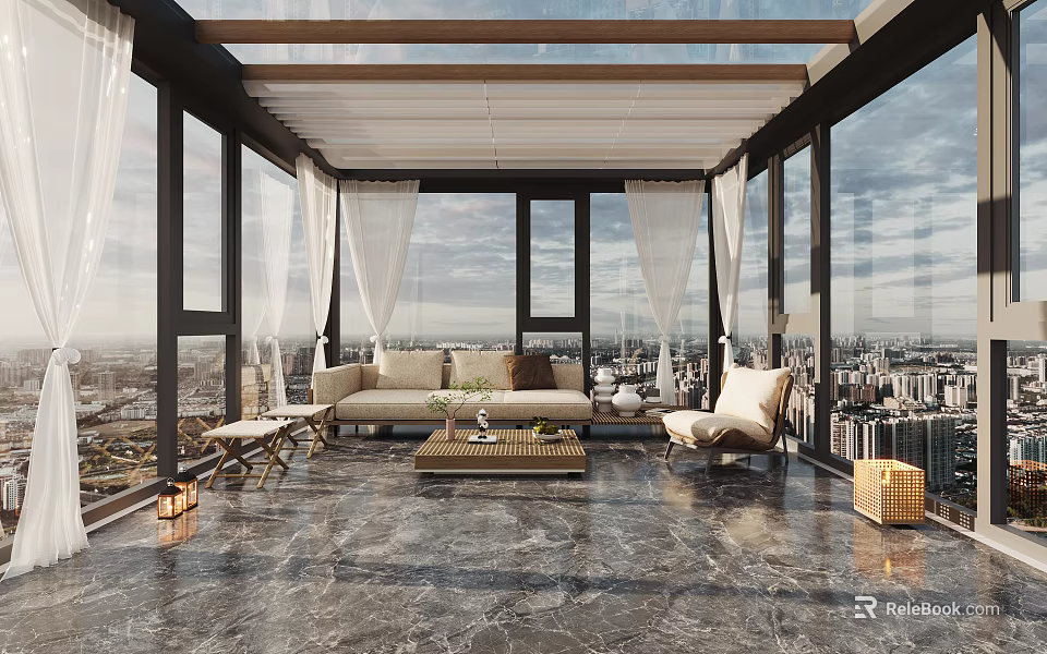 Bright Sunroom Interior Design With Glass Roof Large Windows Sofa And City View 3d model 