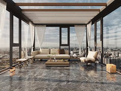 Bright Sunroom Interior Design With Glass Roof Large Windows Sofa And City View 3d model