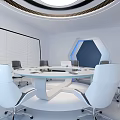 Modern Conference Room Featuring Circular Table Multiple Chairs Large Tech Screen And City View Windows 3d model