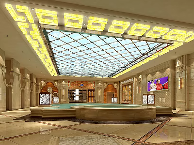 Luxurious Liquor Tobacco Store with Glass Skylight Yellow Lighting Marble Floor Arched Doors Display Cabinets 3d model