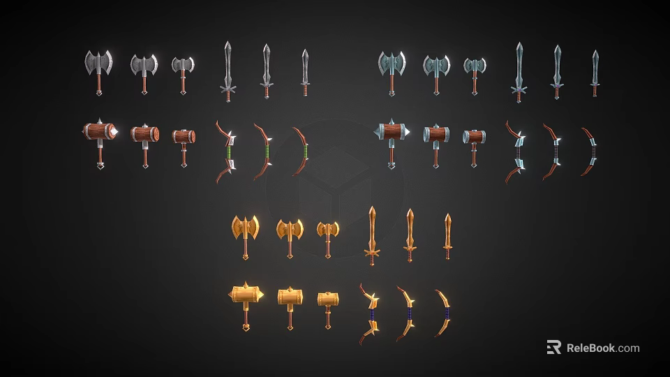 Various Fantasy Weapon Collection Featuring Axes Hammers Swords Bows And Detailed Designs 3d model 