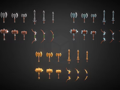 Various Fantasy Weapon Collection Featuring Axes Hammers Swords Bows And Detailed Designs 3d model