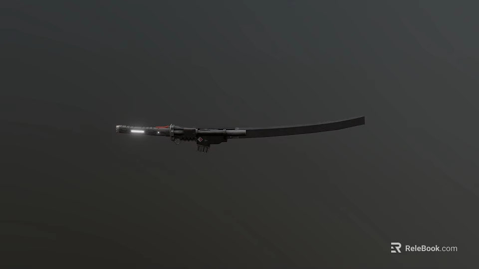 Shiny Black Long Sword With Red Handle Accents Floating On Dark Background 3d model 