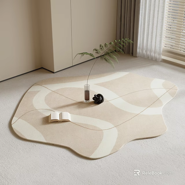 Beige Square Area Rug With White Curved Patterns In Room Corner Green Plant And Open Book 3d model 