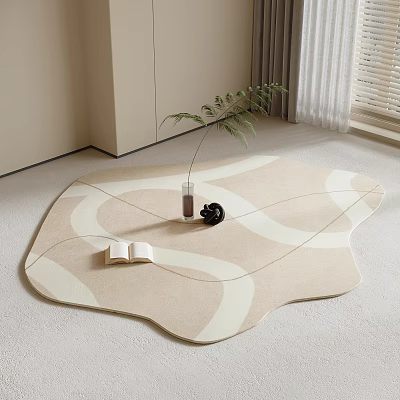 Beige Square Area Rug With White Curved Patterns In Room Corner Green Plant And Open Book 3d model