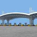 Contemporary Road Infrastructure Featuring White Curved Roof Metal Supports Toll Booths And Yellow Black Barricades