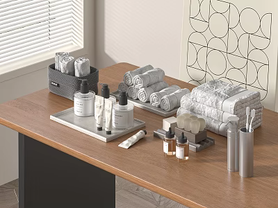 Daily Washing Supplies Display With Towels Lotion Bottles And Organized Tray On Wooden Table 3d model