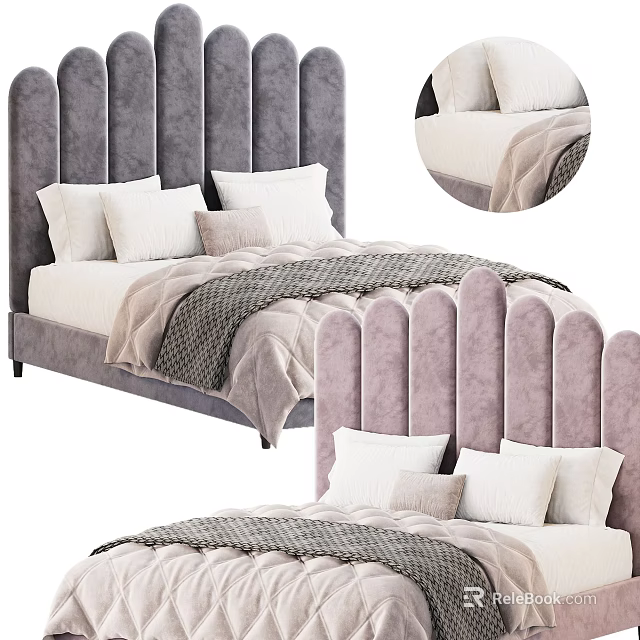 Scalloped Velvet Double Bed Gray and Pink Headboard Design With Pillows and Blankets Bedroom Interior 3d model 