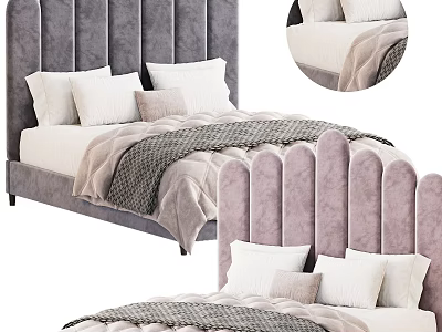 Scalloped Velvet Double Bed Gray and Pink Headboard Design With Pillows and Blankets Bedroom Interior 3d model