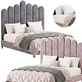 Scalloped Velvet Double Bed Gray and Pink Headboard Design With Pillows and Blankets Bedroom Interior