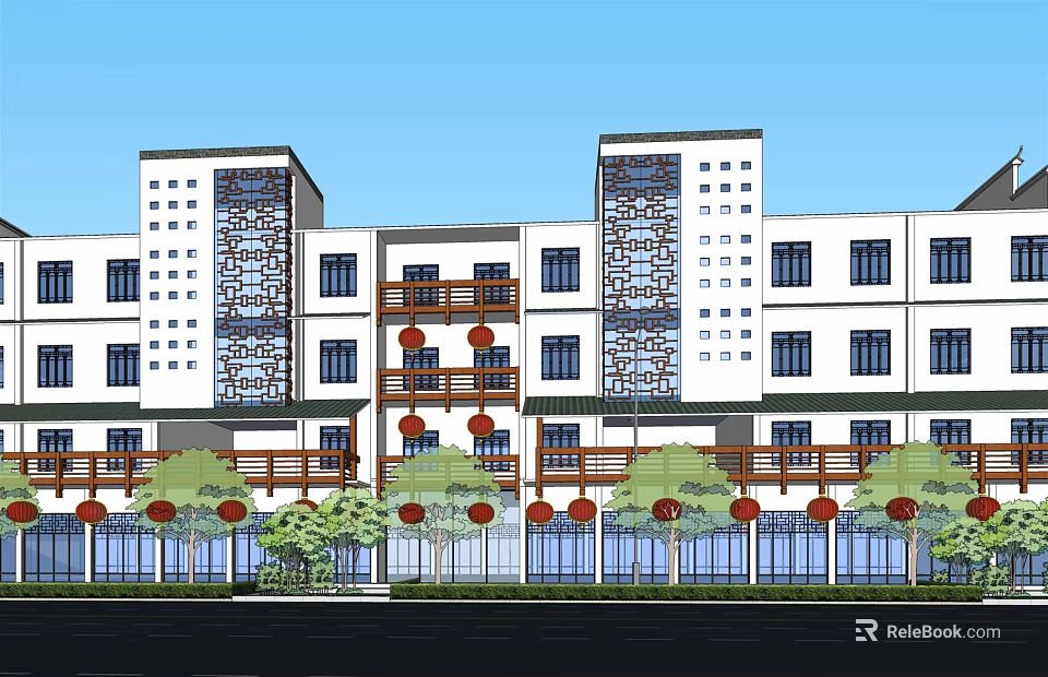 Modern Traditional Residential Building With White Facade Windows Balconies And Red Decorations 3d model 