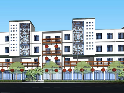 Modern Traditional Residential Building With White Facade Windows Balconies And Red Decorations 3d model