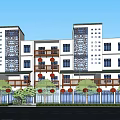 Modern Traditional Residential Building With White Facade Windows Balconies And Red Decorations