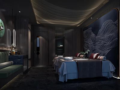 Luxurious SPA Sauna Room With Massage Beds Dark Wooden Decor And Wavy Wall Art 3d model