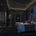 Luxurious SPA Sauna Room With Massage Beds Dark Wooden Decor And Wavy Wall Art
