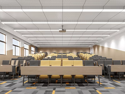 School Modern Spacious Classroom With Rows Of Desks Windows And Projector Lighting 3d model