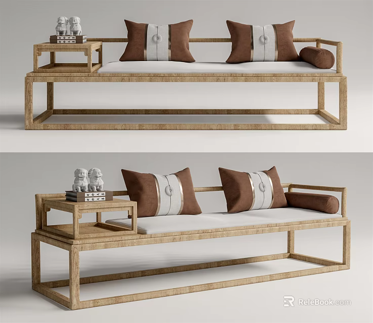 Traditional Chinese Wooden Arhat Daybed With Decorative Pillows And Side Table 3d model 