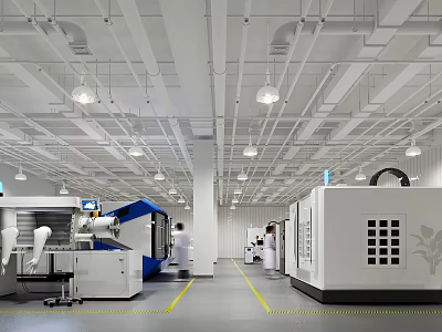 Industrial Workshop Interior With Robotic Arm Large Machinery Workers White Ceiling And Yellow Line Floor 3d model