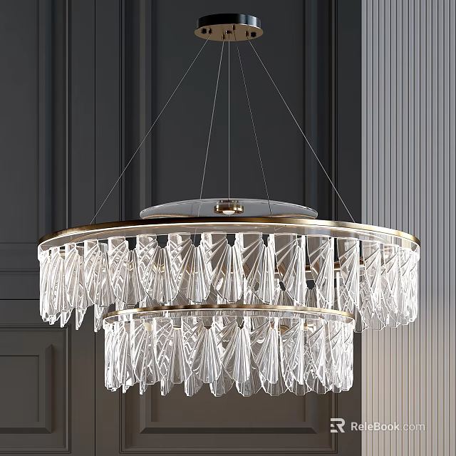 Elegant Double Layer Crystal Chandelier With Gold Frame And Leaf Shaped Pendants 3d model