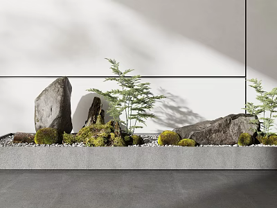 Tranquil Indoor Landscape With Natural Stones Green Plants And Moss On Gray Base 3d model