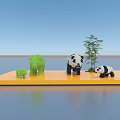 Art Installation Panda And Bear Sculptures Using Building Blocks On Yellow Platform Bamboo Water Sky