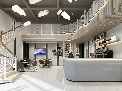 Cozy Modern Café Interior With Staircase Hanging Cloud Lights White Counter And Seating Area 3d model