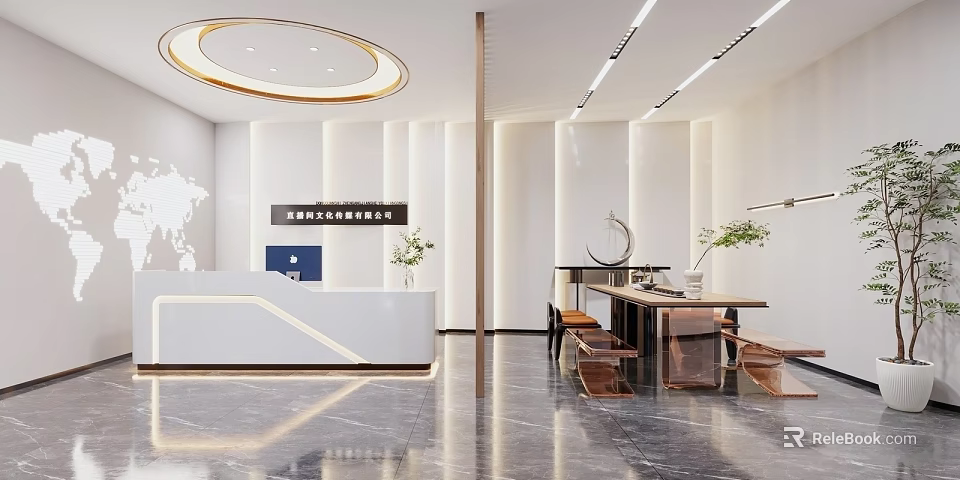 Modern Reception Desk Area With Elegant Marble Floor Stylish Backdrop And Green Plants 3d model 
