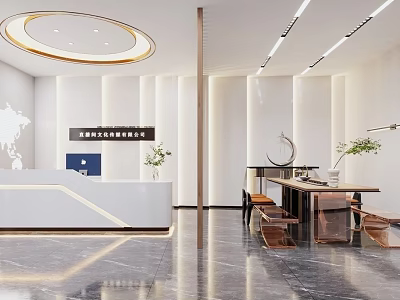 Modern Reception Desk Area With Elegant Marble Floor Stylish Backdrop And Green Plants 3d model
