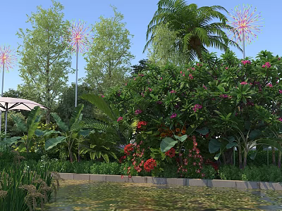 Scenic Tropical Park Landscape With Lush Green Plants Vibrant Blooming Flowers And Clear Blue Sky 3d model