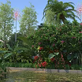 Scenic Tropical Park Landscape With Lush Green Plants Vibrant Blooming Flowers And Clear Blue Sky