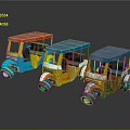 Colorful Vintage Tricycles With Red Blue Yellow Roofs And Decorative Details