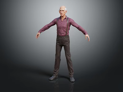 The Bald Headed Man In Plaid Shirt And Suspenders Arms Outstretched On Gray Background 3d model