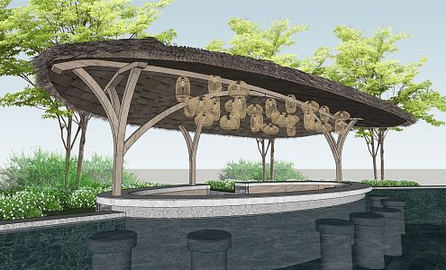 Modern Pavilion Bamboo Landscape Thatch Pavilion 3d model