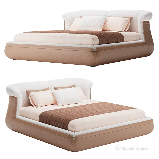 Modern Double Bed Design With Beige Bedding Brown Bedspread And Decorative Pillows 3d model