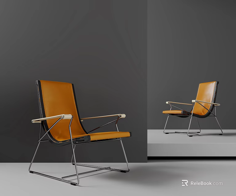 Modern Orange Leather Lounge Chair With Wooden Armrests And Metal Frame Design 3d model 