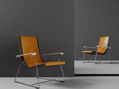 Modern Orange Leather Lounge Chair With Wooden Armrests And Metal Frame Design 3d model