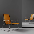 Modern Orange Leather Lounge Chair With Wooden Armrests And Metal Frame Design