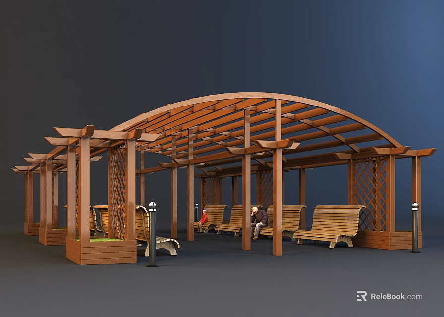 Outdoor Wooden Pergola With Arched Roof Benches And People Resting 3d model 