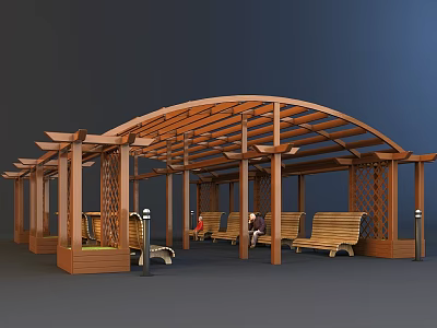 Outdoor Wooden Pergola With Arched Roof Benches And People Resting 3d model