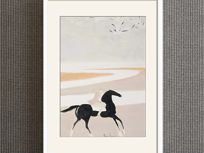 Animal Painting Featuring Black Horse In Light Colored Background With Flying Birds 3d model