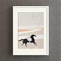 Animal Painting Featuring Black Horse In Light Colored Background With Flying Birds